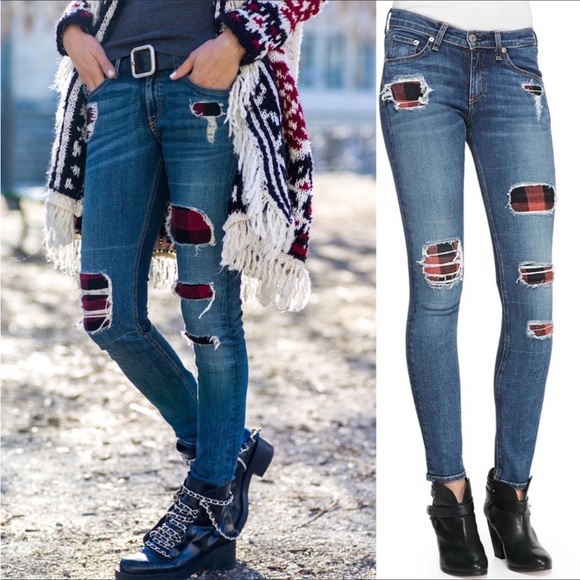 Rag & Bone Skinny Jeans Sloan Plaid Repair - Picture 1 of 13